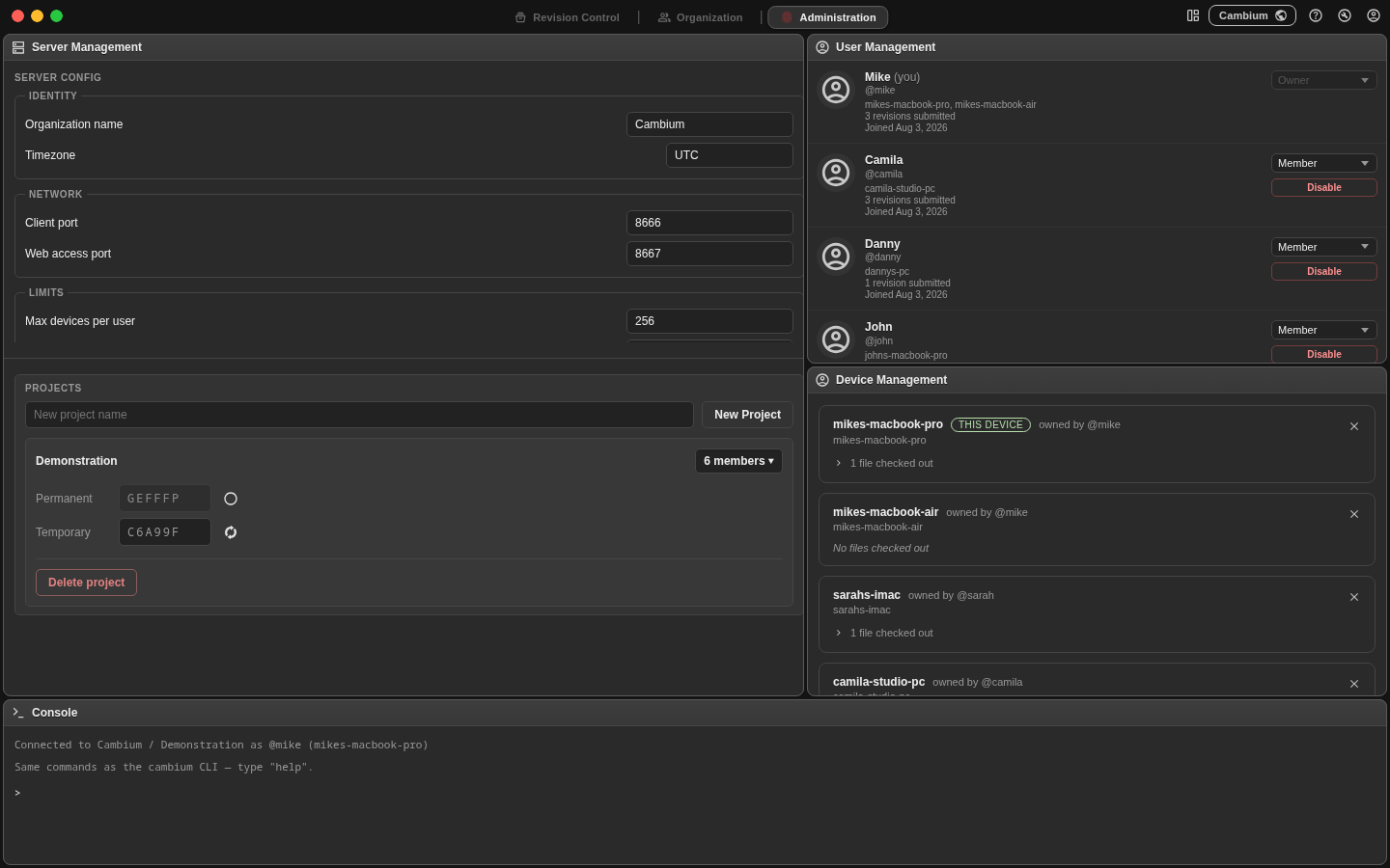 Screenshot of the Administration page