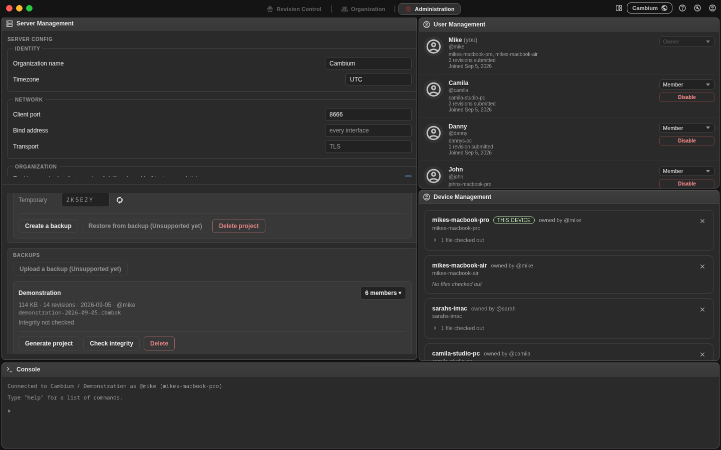 Screenshot of the Backups panel below a project's actions