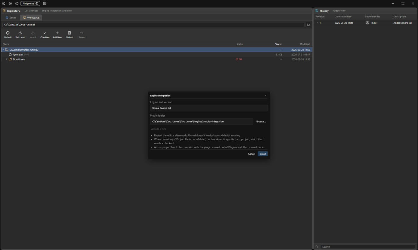 The Engine Integration window, filled in for an Unreal Engine 5.8 project