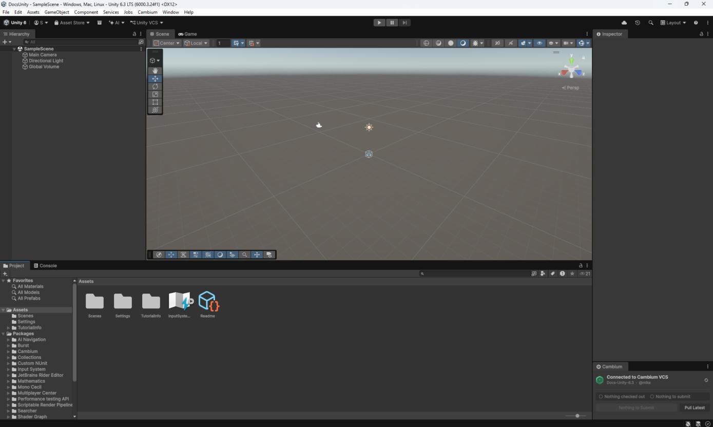 The Cambium panel docked in the Unity editor, connected