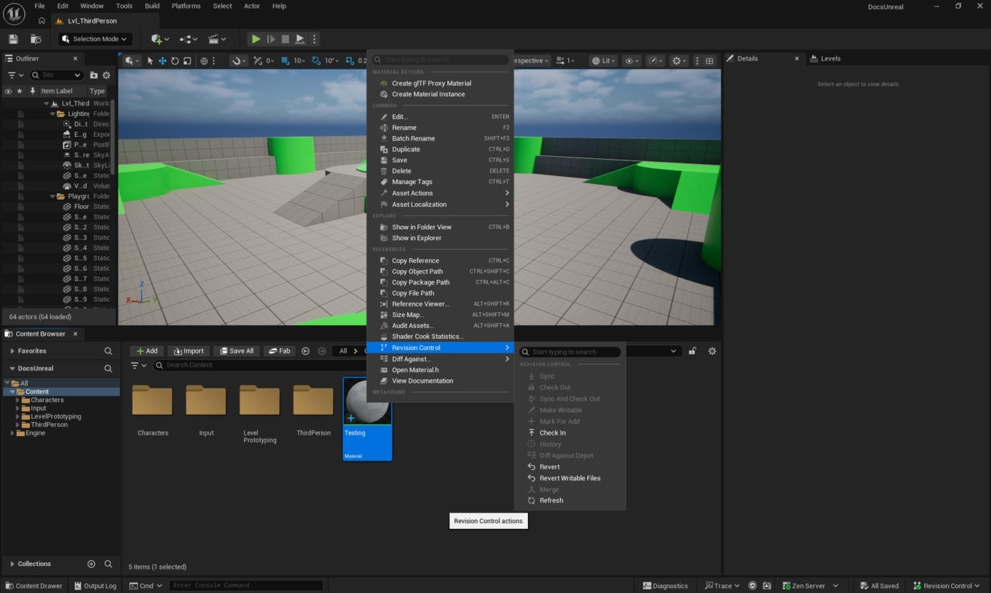 A new material, marked for add, with its Revision Control menu open