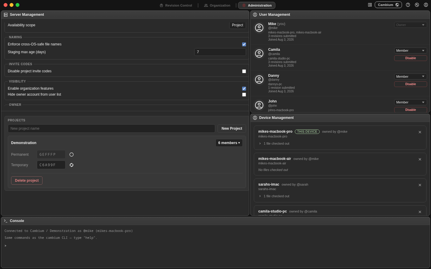 Screenshot of the project manager with an invite code