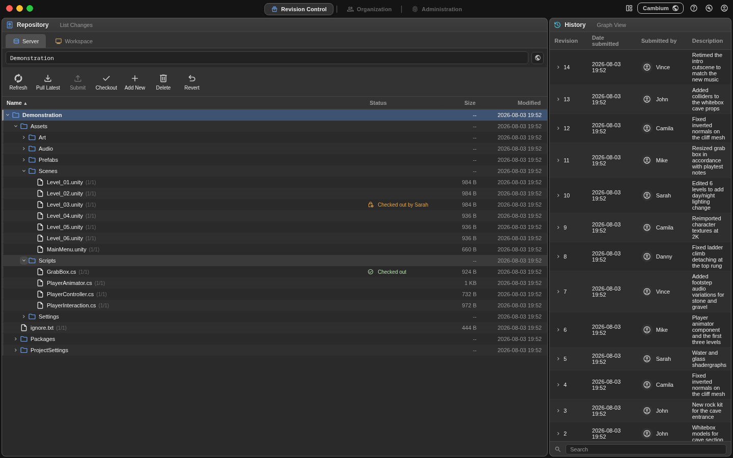 Screenshot of the Revision Control page with the Repository and History panels