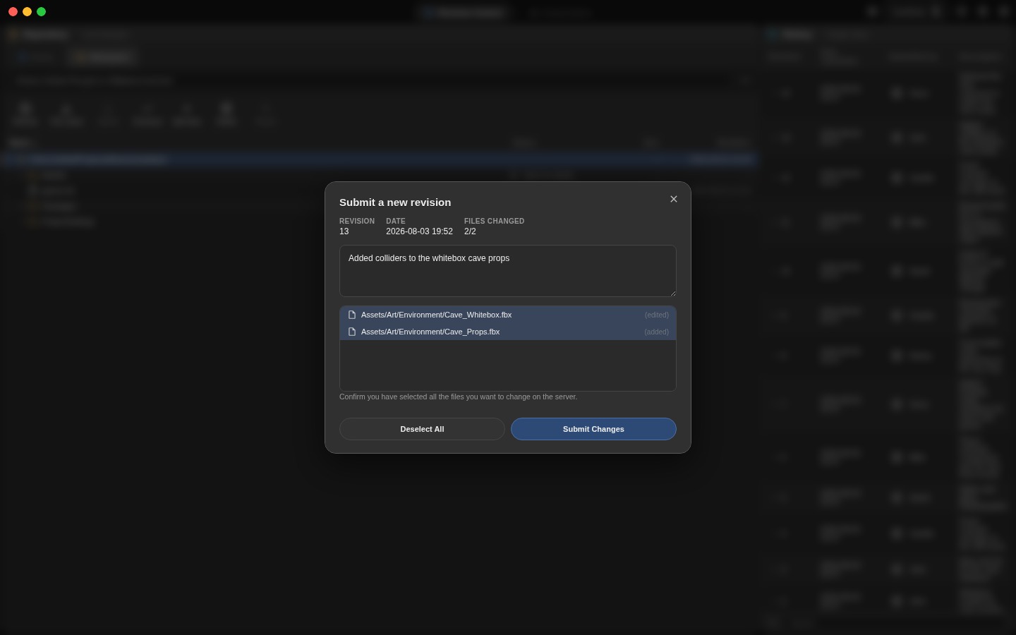 Screenshot of the submit window with a changelist and a message