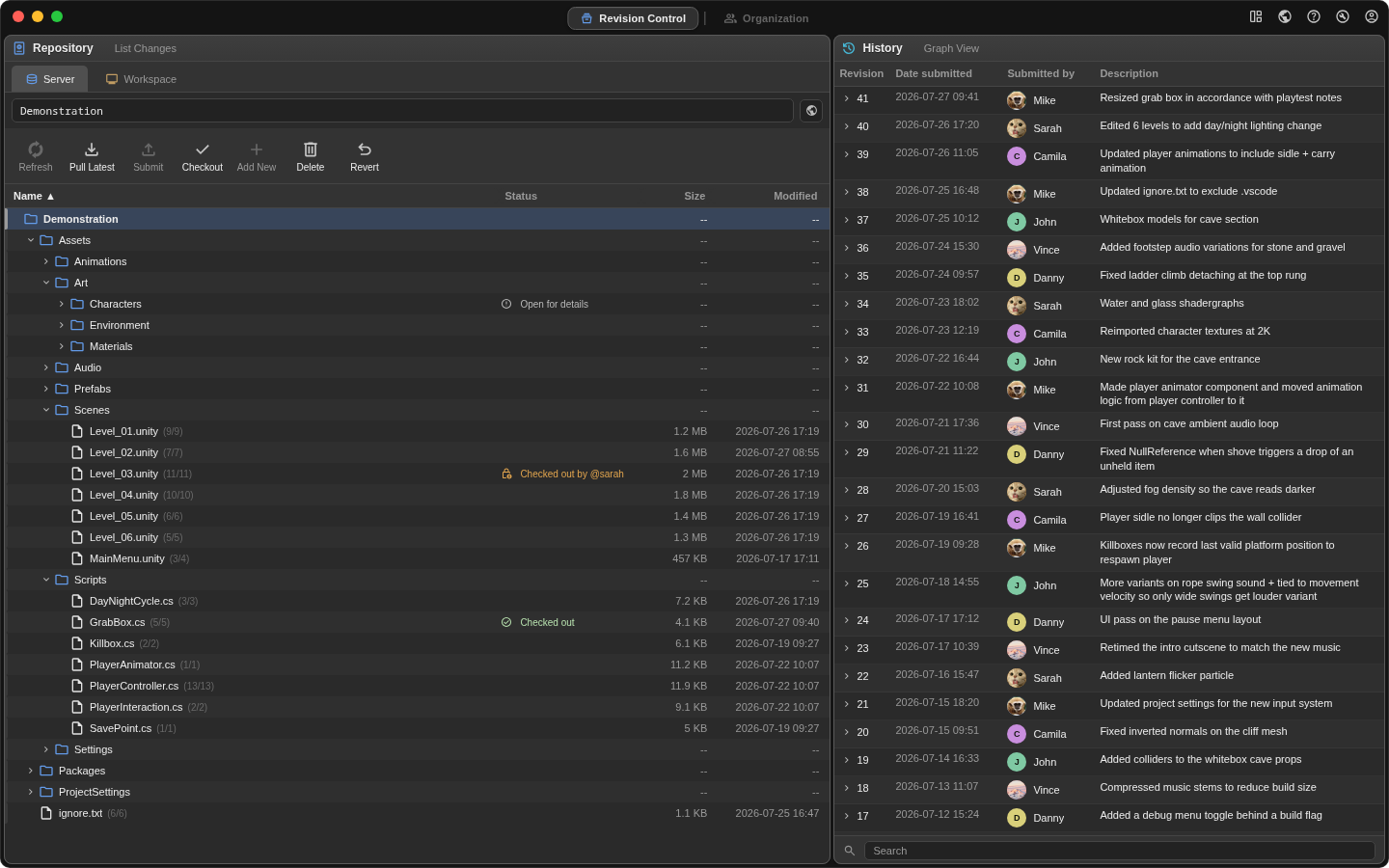 The Cambium desktop client: a project's file tree on the left, its revision history on the right.